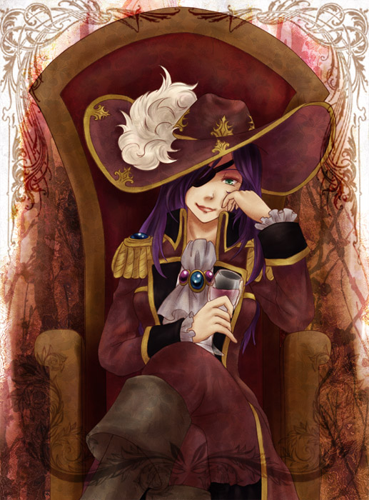 1990s_(style), 1girl, alcohol, androgynous, ascot, boots, chair, cup, drinking_glass, eyepatch, faris_scherwiz, female_focus, final_fantasy, final_fantasy_v, glass, green_eyes, hat, hat_feather, long_hair, pirate_costume, pirate_hat, purple_hair, retro_artstyle, reverse_trap, sitting, solo, wine, wine_glass, yusoson