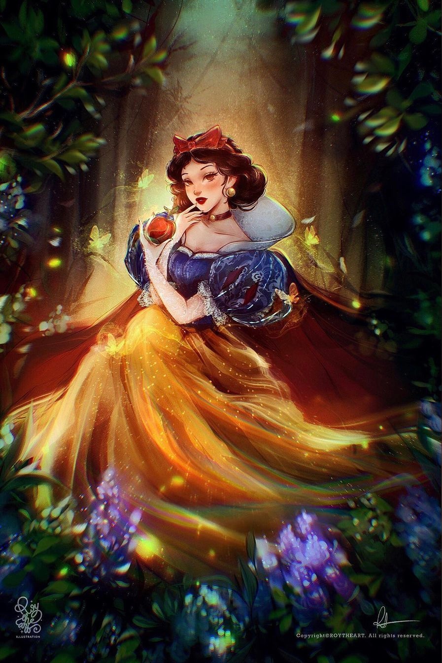 1girl, apple, black_hair, blue_shirt, bow, breasts, brown_eyes, bug, butterfly, cape, choker, cleavage, disney, dress, flower, food, forest, fruit, grass, hair_bow, hand_on_own_face, headband, high_collar, highres, holding, holding_food, holding_fruit, insect, nature, pale_skin, princess, puffy_short_sleeves, puffy_sleeves, red_cape, red_lips, red_ribbon, ribbon, roytheart, shirt, short_hair, short_sleeves, sitting, skirt, snow_white_(disney), snow_white_and_the_seven_dwarfs_(disney), solo, yellow_skirt