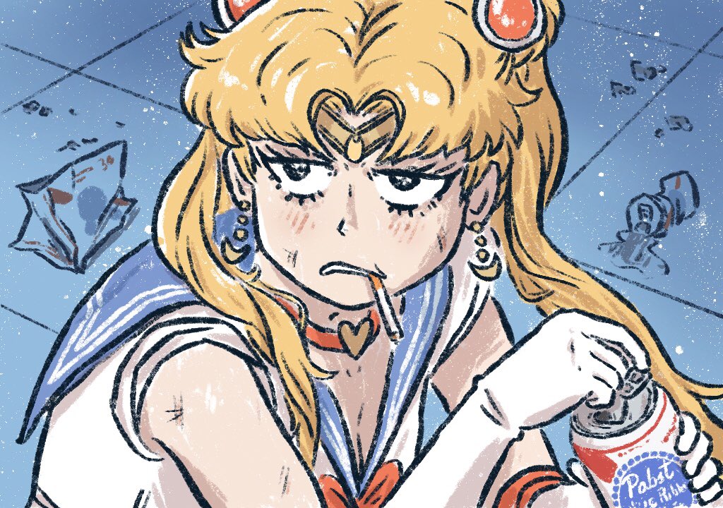 1girl, beer_can, bishoujo_senshi_sailor_moon, bishoujo_senshi_sailor_moon_s, black_eyes, blonde_hair, blue_sailor_collar, breasts, can, choker, cigarette, cleavage, commentary, crescent, crescent_earrings, derivative_work, drink_can, earrings, elbow_gloves, english_commentary, gloves, hair_over_shoulder, heart, heart_choker, jewelry, long_hair, meme, pabst_blue_ribbon, red_choker, sailor_collar, sailor_moon, sailor_moon_redraw_challenge_(meme), sailor_senshi_uniform, screenshot_redraw, solo, truffleduster, tsukino_usagi, twintails, upper_body, very_long_hair, white_gloves