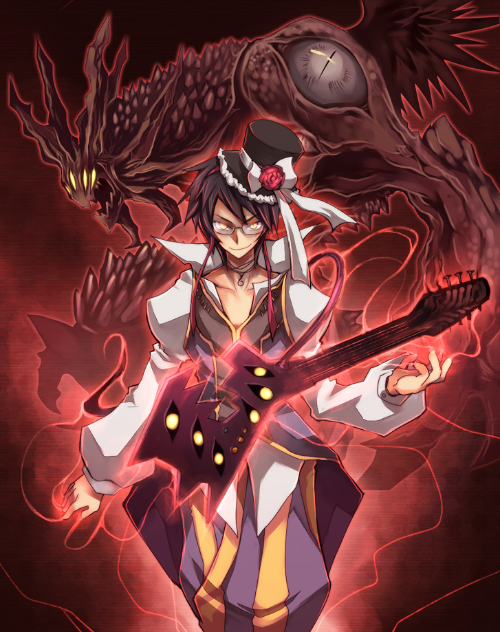 1boy, 1other, baggy_pants, black_hair, black_headwear, bow, choker, closed_mouth, clown_(ragnarok_online), coat, commentary_request, demon, emon-yu, extra_eyes, feet_out_of_frame, flower, glasses, glowing, glowing_instrument, guitar, hat, hat_bow, hat_flower, instrument, long_sleeves, looking_at_viewer, open_mouth, pants, purple_coat, purple_pants, ragnarok_online, red_flower, rose, satan_morroc, shirt, short_hair, sleeveless, sleeveless_coat, smile, top_hat, white_bow, white_shirt, yellow_eyes