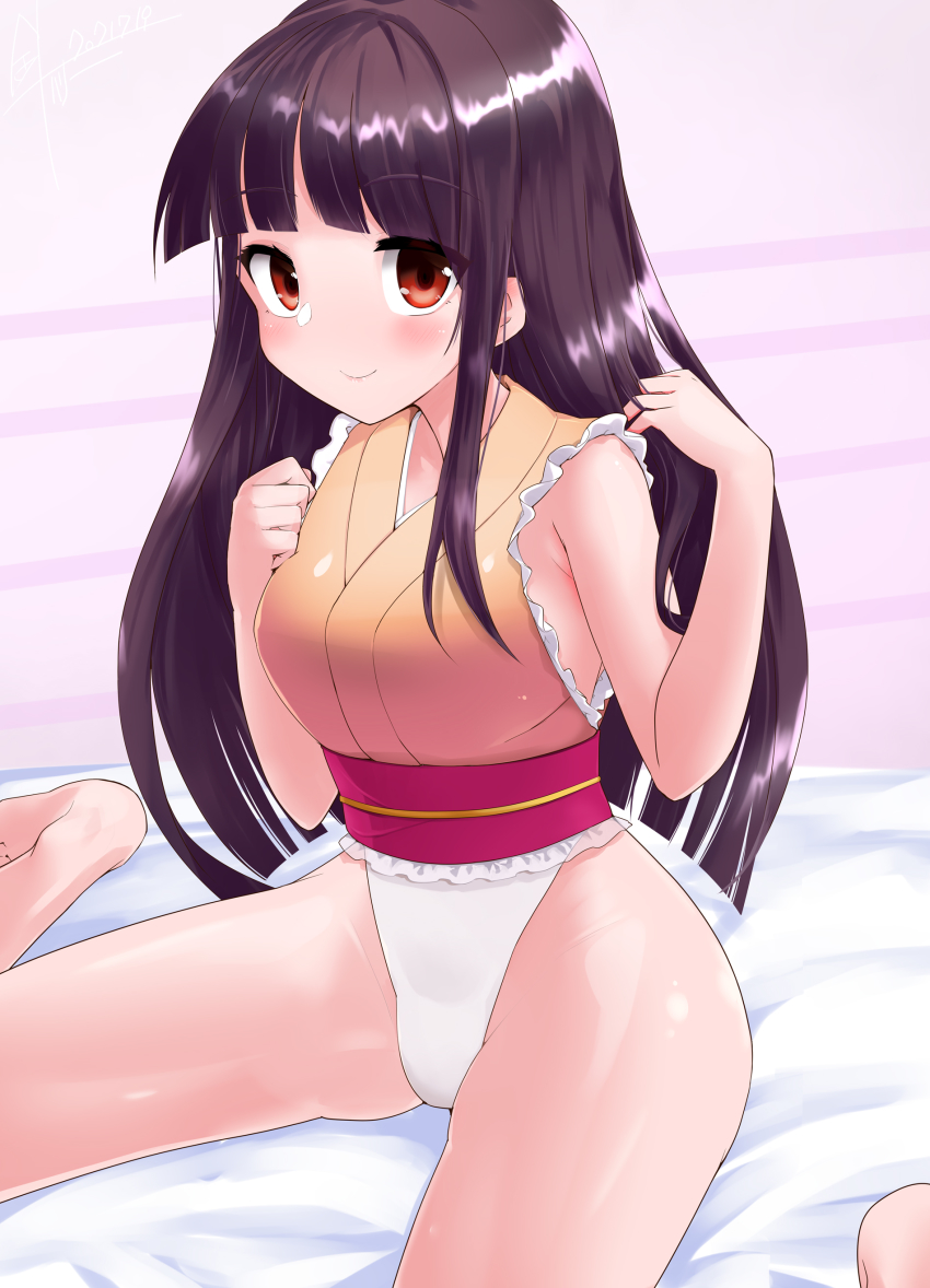 1girl, absurdres, bare_shoulders, barefoot, bed, belt, black_hair, breasts