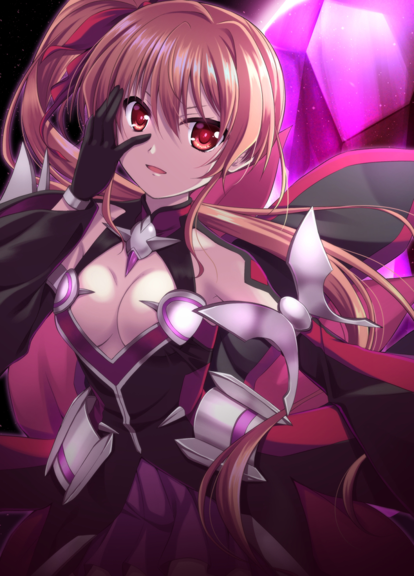1girl, armor, armored_dress, black_gloves, breasts, cleavage_cutout, clothing_cutout, commentary_request