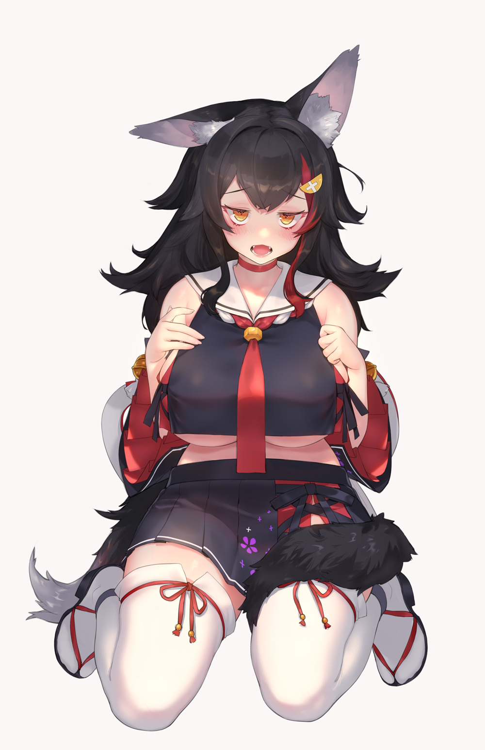 1girl, animal_ears, asymmetrical_ears, bare_shoulders, bell, black_hair, black_shirt, black_skirt