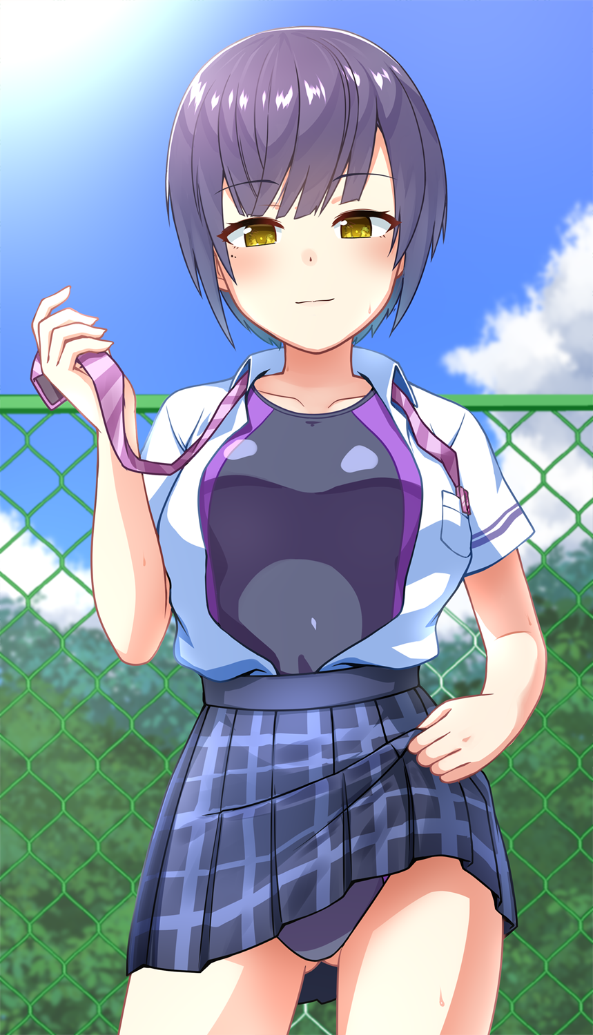 1girl, black_hair, clothes_lift, competition_swimsuit, gluteal_fold, goriate, highres, lifting_own_clothes