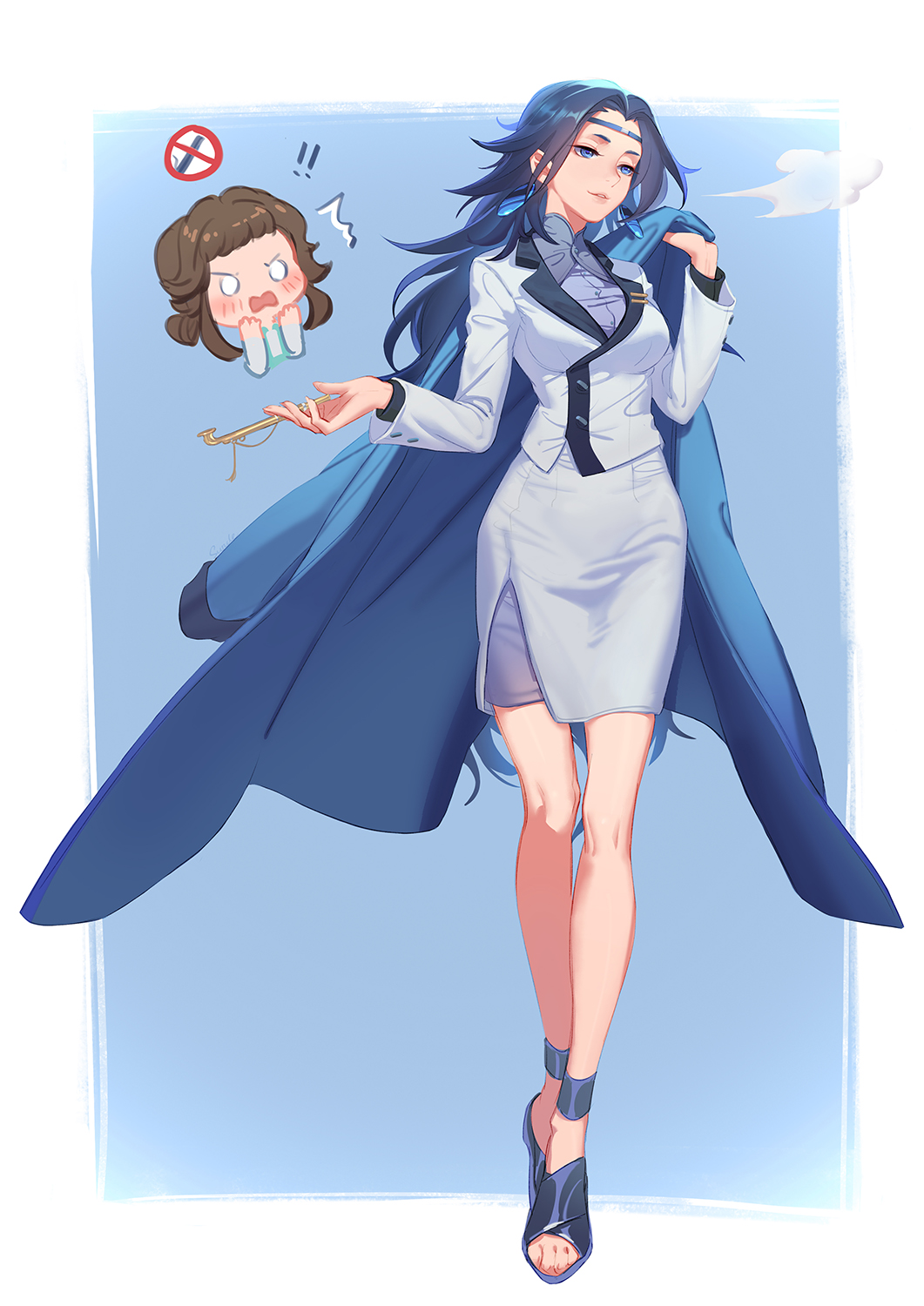 2girls, black_footwear, black_hair, blue_background, blue_coat, blue_eyes, breasts, coat, earrings, full_body, genderswap, genderswap_(mtf), grey_jacket, grey_skirt, hand_up, highres, holding, holding_coat, holding_unworn_clothes, jacket, jewelry, lanxi_zhen, laojun_(the_legend_of_luo_xiaohei), li_qingning_(the_legend_of_luo_xiaohei), long_hair, long_sleeves, luo_xiaohei_zhanji, medium_breasts, multiple_girls, parted_lips, shoes, skirt, smile, solo_focus, standing, suncle, toeless_footwear, unworn_coat, very_long_hair