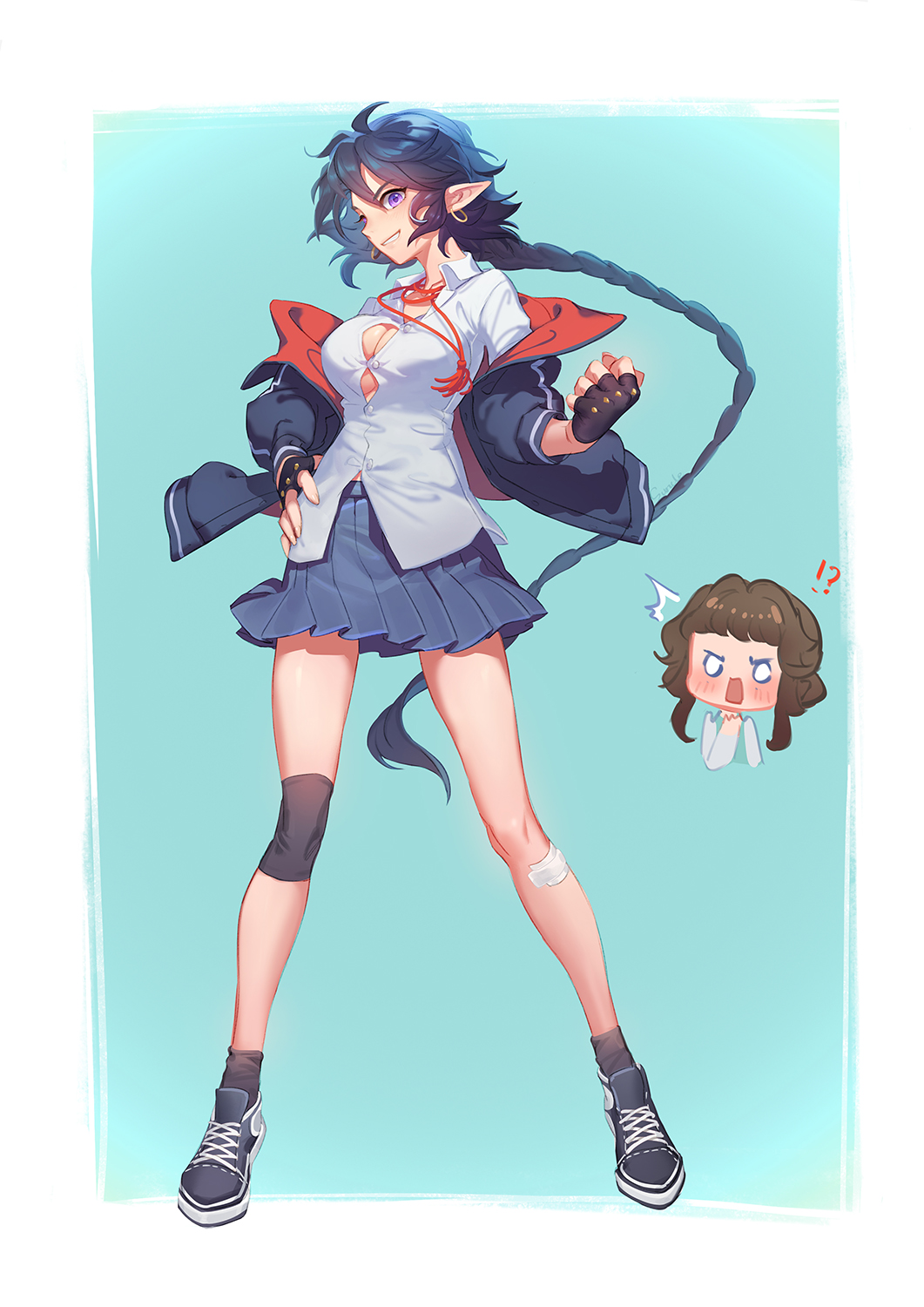 !?, 2girls, aqua_background, black_footwear, black_gloves, black_hair, black_jacket, black_legwear, blue_skirt, blush, braid, braided_ponytail, breasts, button_gap, cleavage, collared_shirt, earrings, fingerless_gloves, genderswap, genderswap_(mtf), gloves, hand_on_own_hip, highres, jacket, jewelry, lanxi_zhen, large_breasts, li_qingning_(the_legend_of_luo_xiaohei), long_hair, long_sleeves, looking_at_viewer, multiple_girls, off_shoulder, parted_lips, pleated_skirt, pointy_ears, profile, purple_eyes, shirt, shoes, skirt, smile, socks, solo_focus, suncle, luo_xiaohei_zhanji, very_long_hair, white_shirt, xuan_li_(the_legend_of_luoxiaohei)