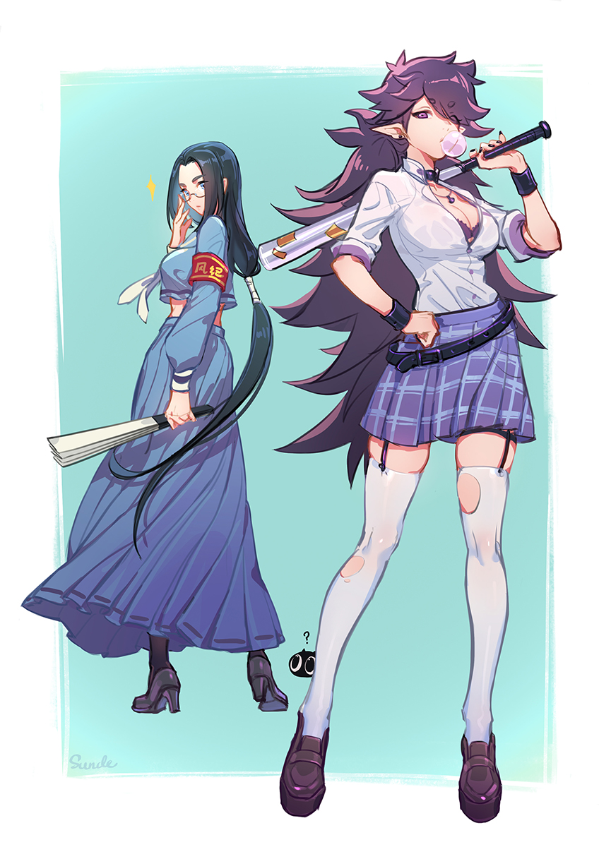 2girls, aqua_background, baseball_bat, black_footwear, black_hair, blowing_bubble_gum, blowing_bubbles, blue_skirt