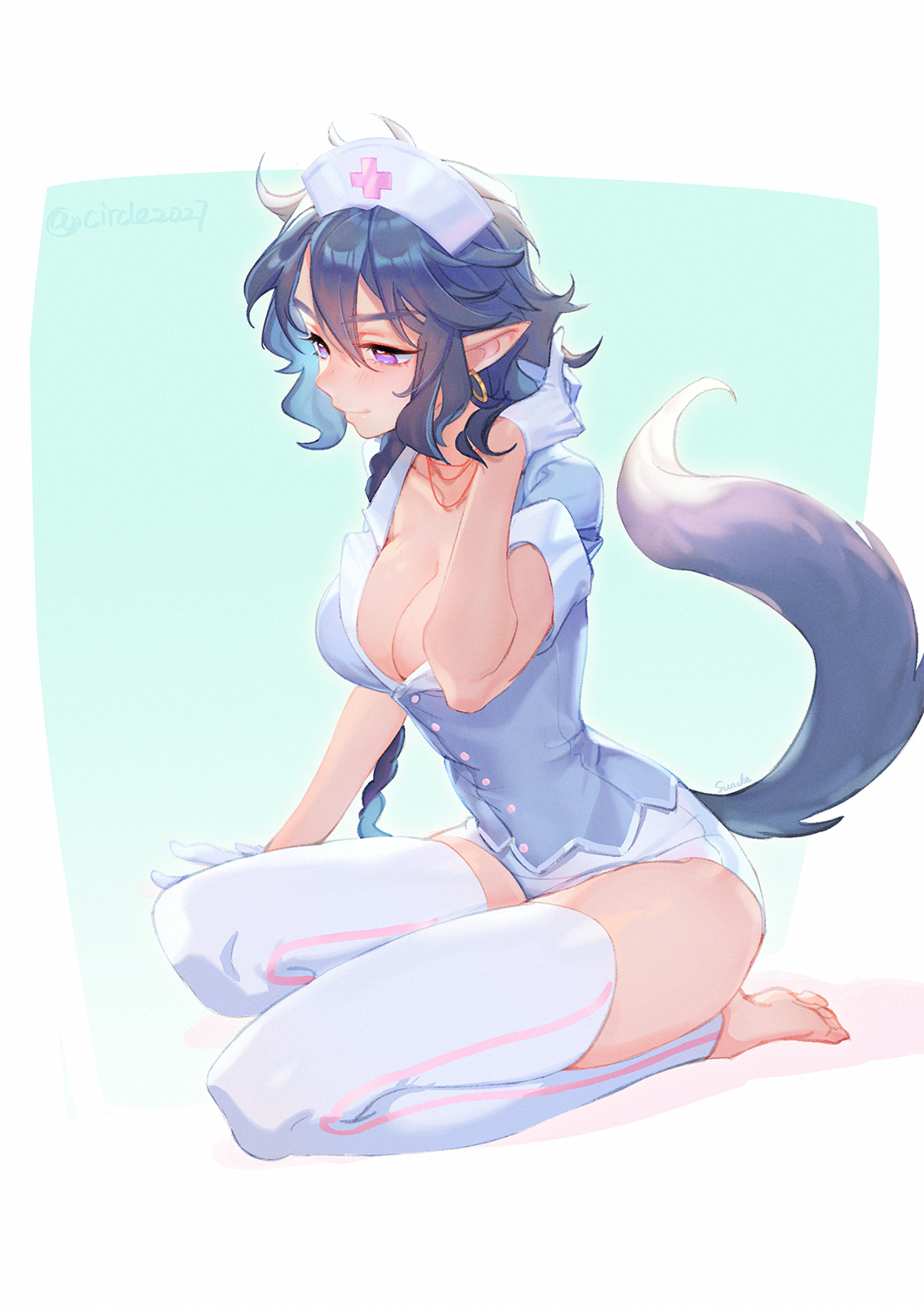 1girl, barefoot, black_hair, braid, braided_ponytail, breasts, cleavage, dog_tail, earrings, full_body, genderswap, genderswap_(mtf), gloves, grey_shirt, hand_up, hat, highres, hoop_earrings, jewelry, lanxi_zhen, large_breasts, long_hair, pointy_ears, purple_eyes, seiza, shirt, shorts, sitting, solo, suncle, tail, luo_xiaohei_zhanji, thighhighs, white_gloves, white_shorts, xuan_li_(the_legend_of_luo_xiaohei)