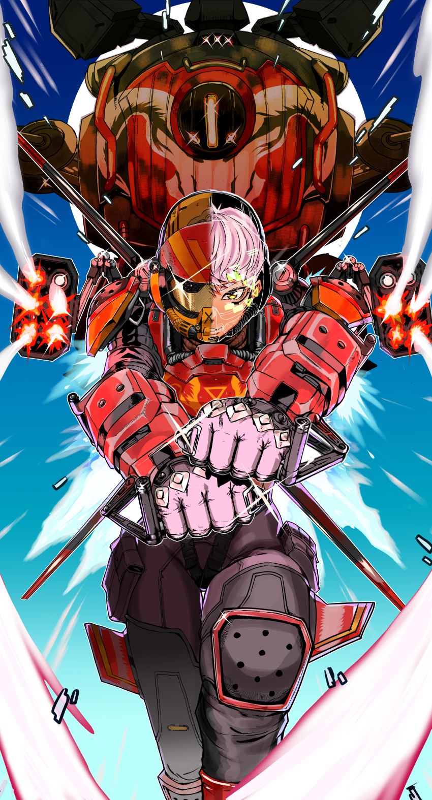 1girl, absurdres, animification, apex_legends, birthright_valkyrie, brown_eyes, clenched_hands, firing, flying, gloves, helmet, highres, huge_filesize, mecha, missile_pod, northstar_(titanfall), purple_gloves, robot, science_fiction, short_hair, silver_hair, sky, smile, solo_focus, titanfall_(series), titanfall_2, valkyrie_(apex_legends), yumeno_ochawan