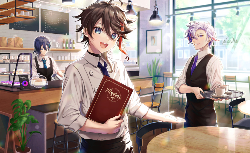 3boys, :d, ahoge, alternate_costume, alternate_hairstyle, apron, backlighting, bag