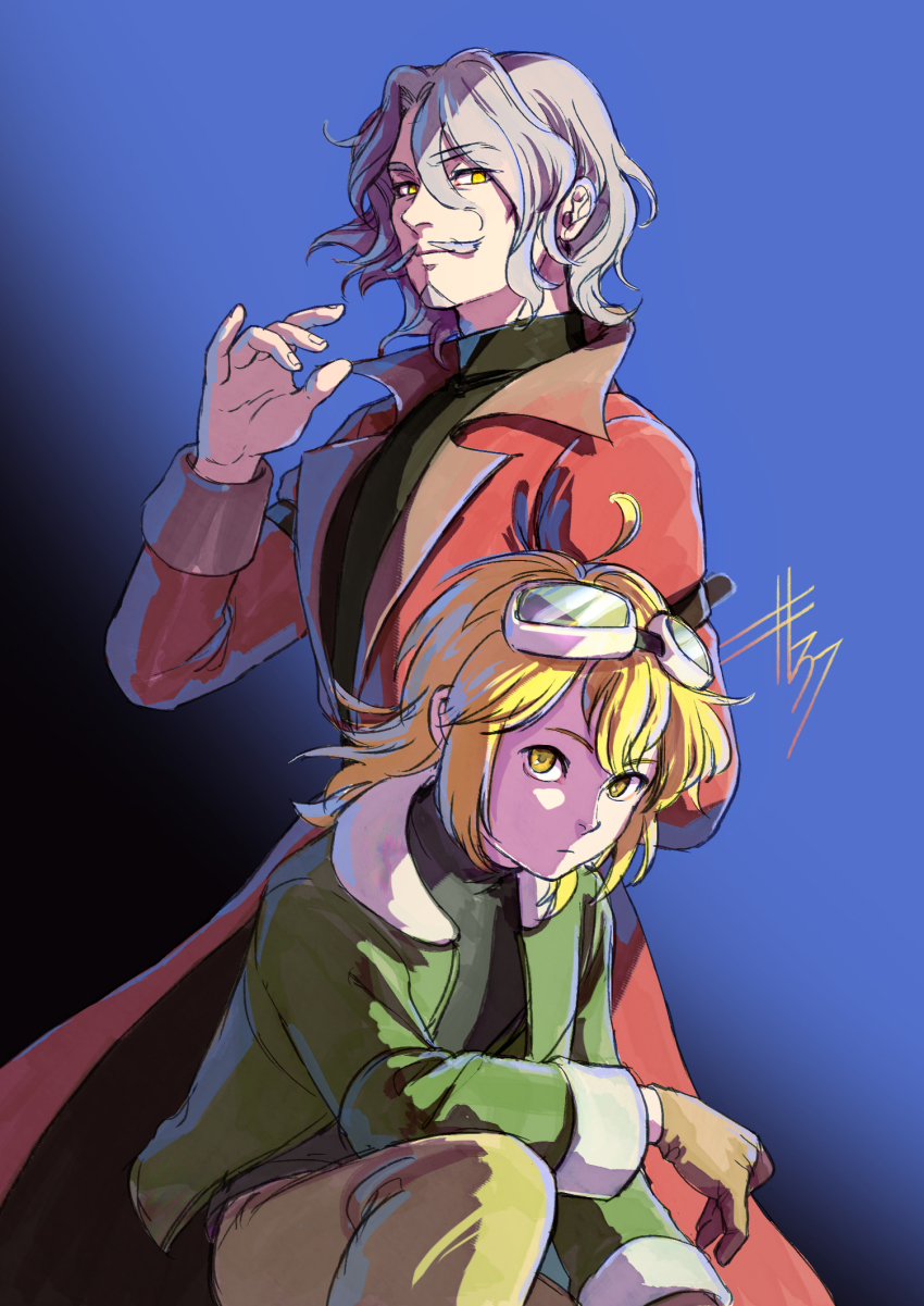 2boys, blonde_hair, blue_background, character_request, coat, facial_hair, feet_out_of_frame, goggles