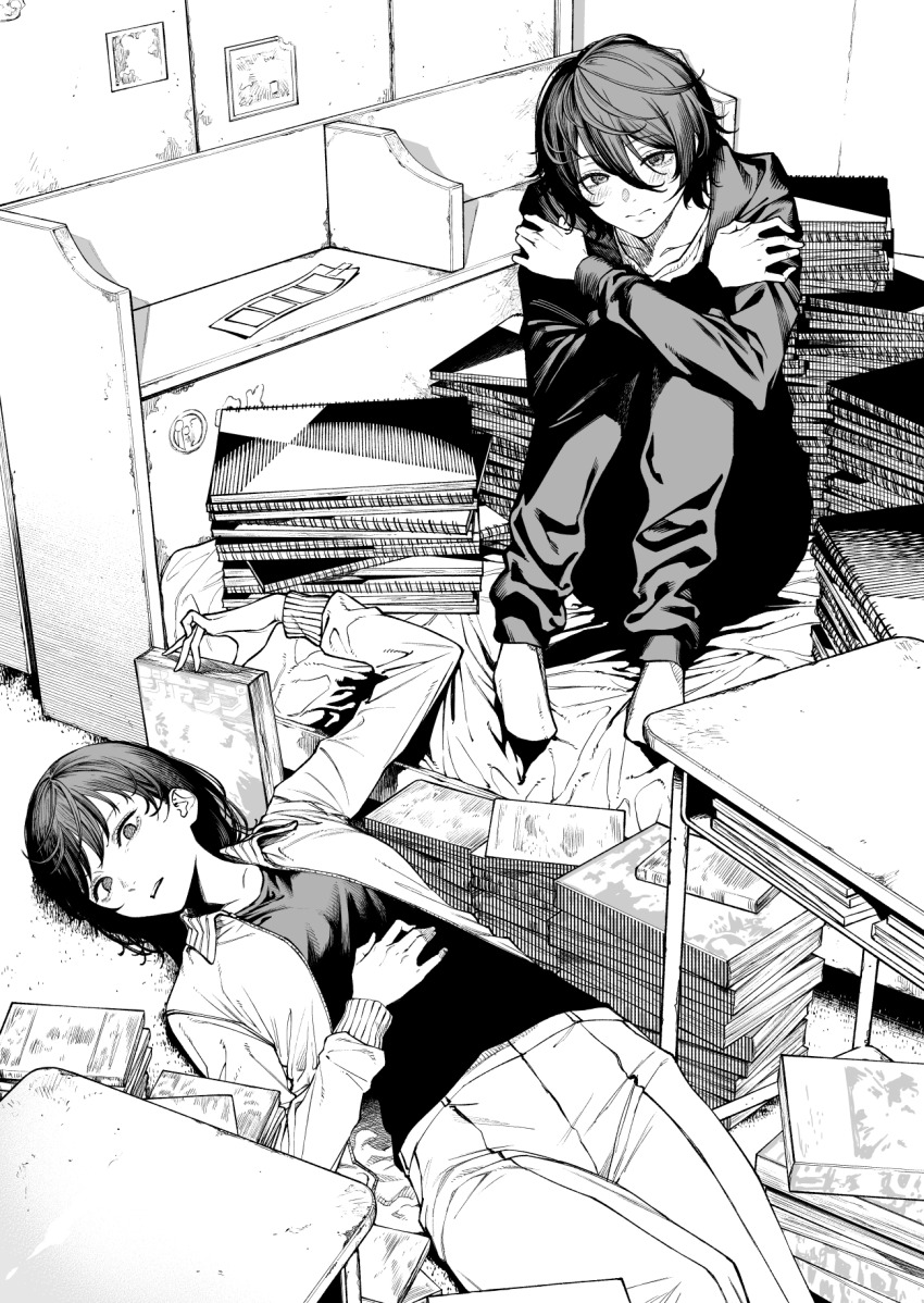 2girls, ayumu_fujino, book, desk, greyscale, highres, ice_reizou, kyomoto_(look_back)