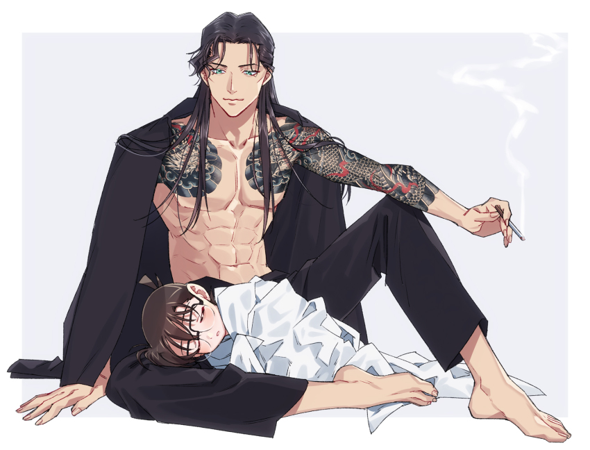 2boys, abs, akai_shuuichi, arm_support, arm_tattoo, barefoot, black-framed_eyewear, black_hair