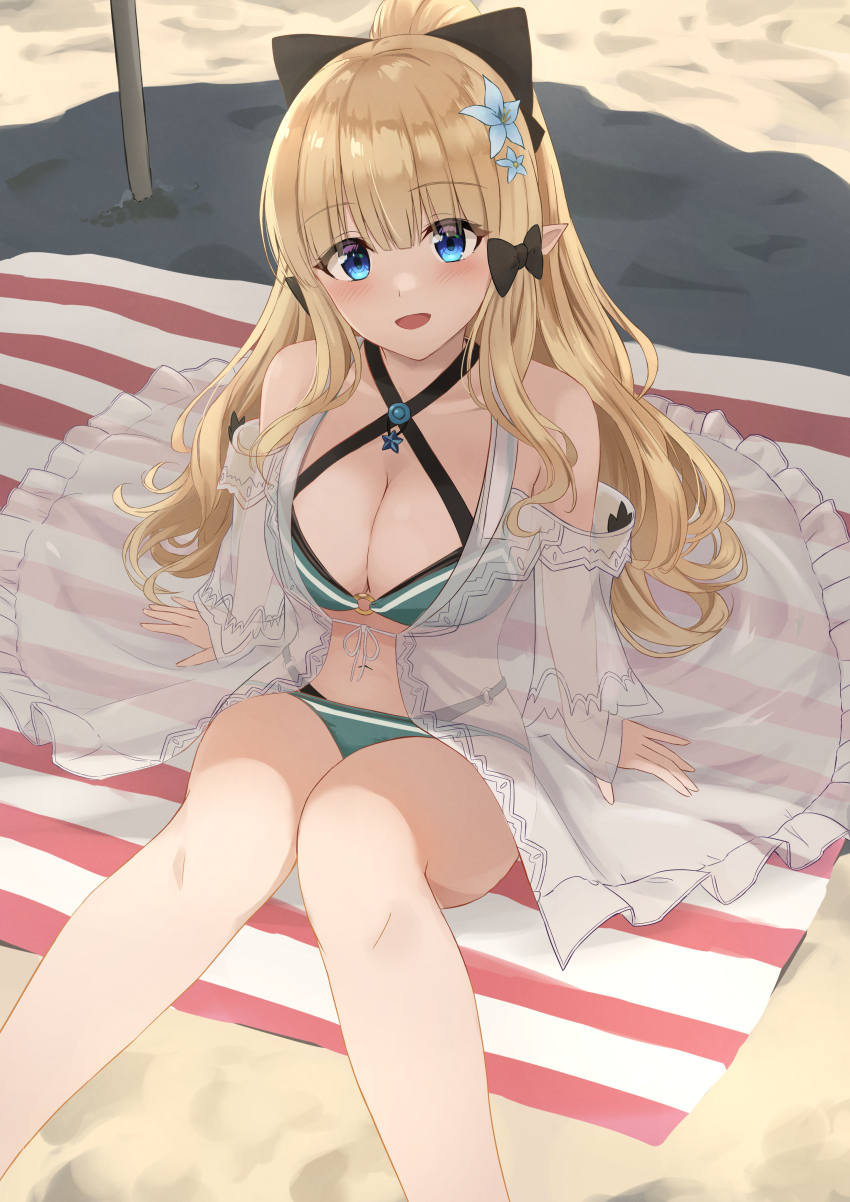 1girl, absurdres, beach, blonde_hair, blue_eyes, breasts, elf, highres