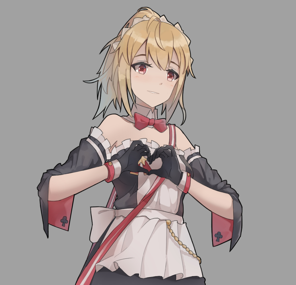 1girl, ahoge, apron, bad_id, bad_pixiv_id, bare_shoulders, black_gloves, blonde_hair