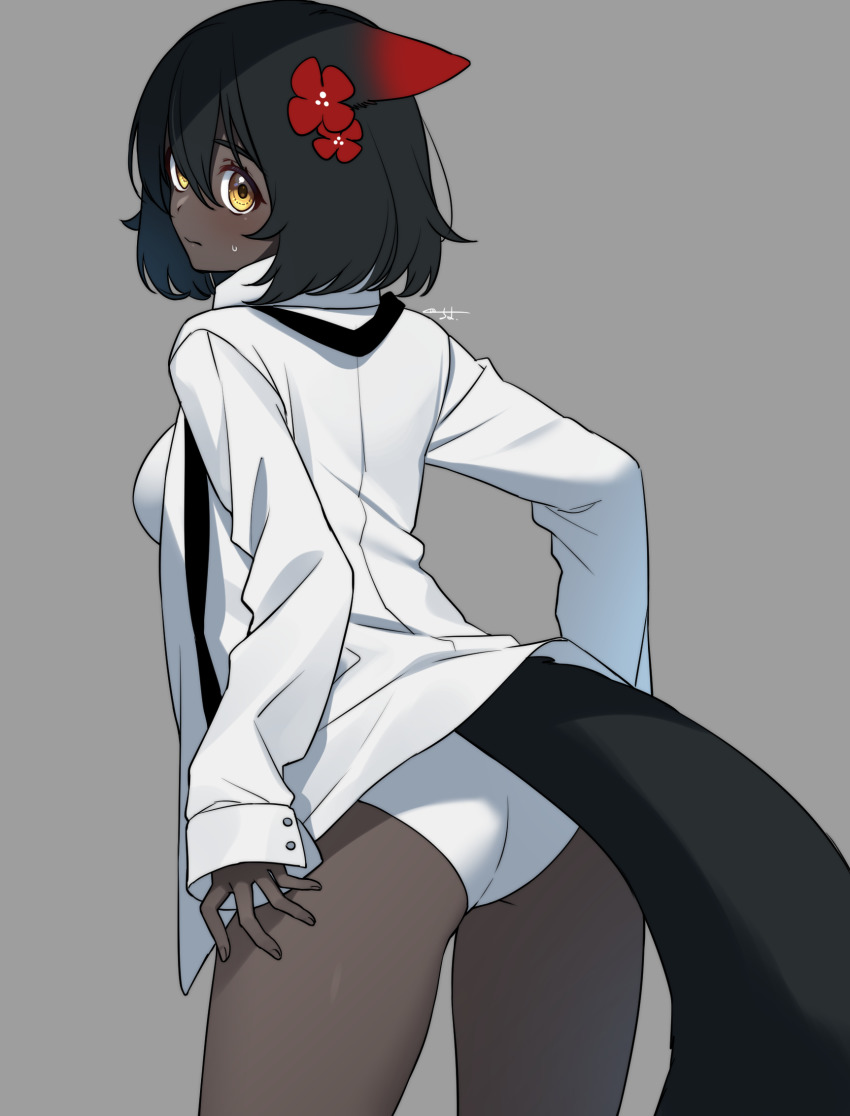 1girl, animal_ears, arched_back, ass, black_hair, black_tail, breasts, closed_mouth