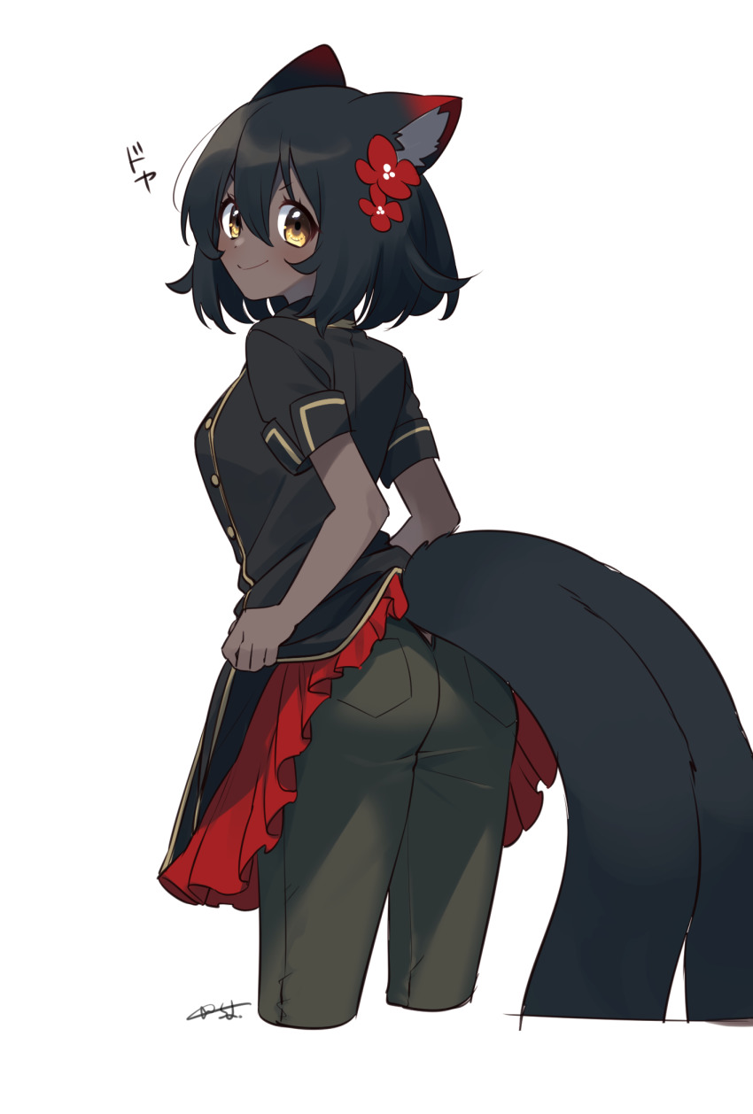 1girl, animal_ears, ass, black_hair, black_jacket, blush, brown_eyes, cropped_legs