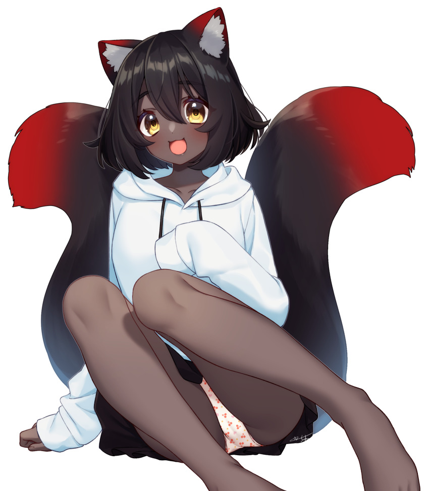 1girl, :d, animal_ears, bare_legs, barefoot, black_hair, black_skirt, blush
