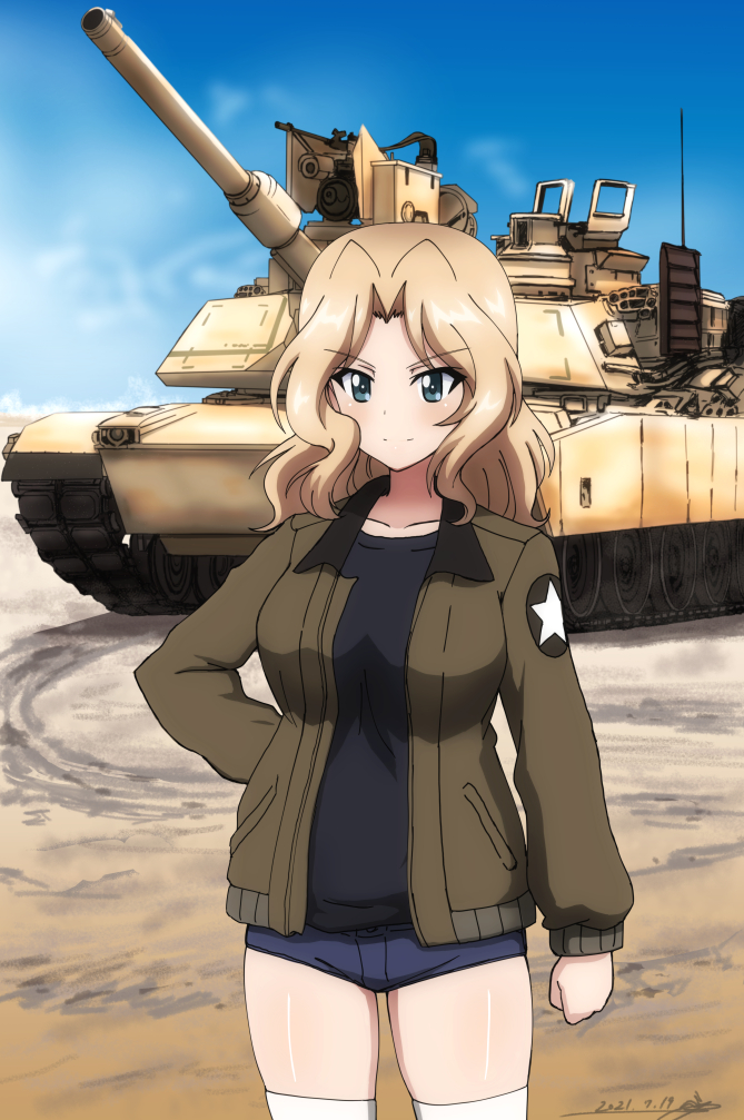 1girl, ammunition_chute, arm_at_side, black_shirt, blonde_hair, blouse, blue_eyes, blue_sky