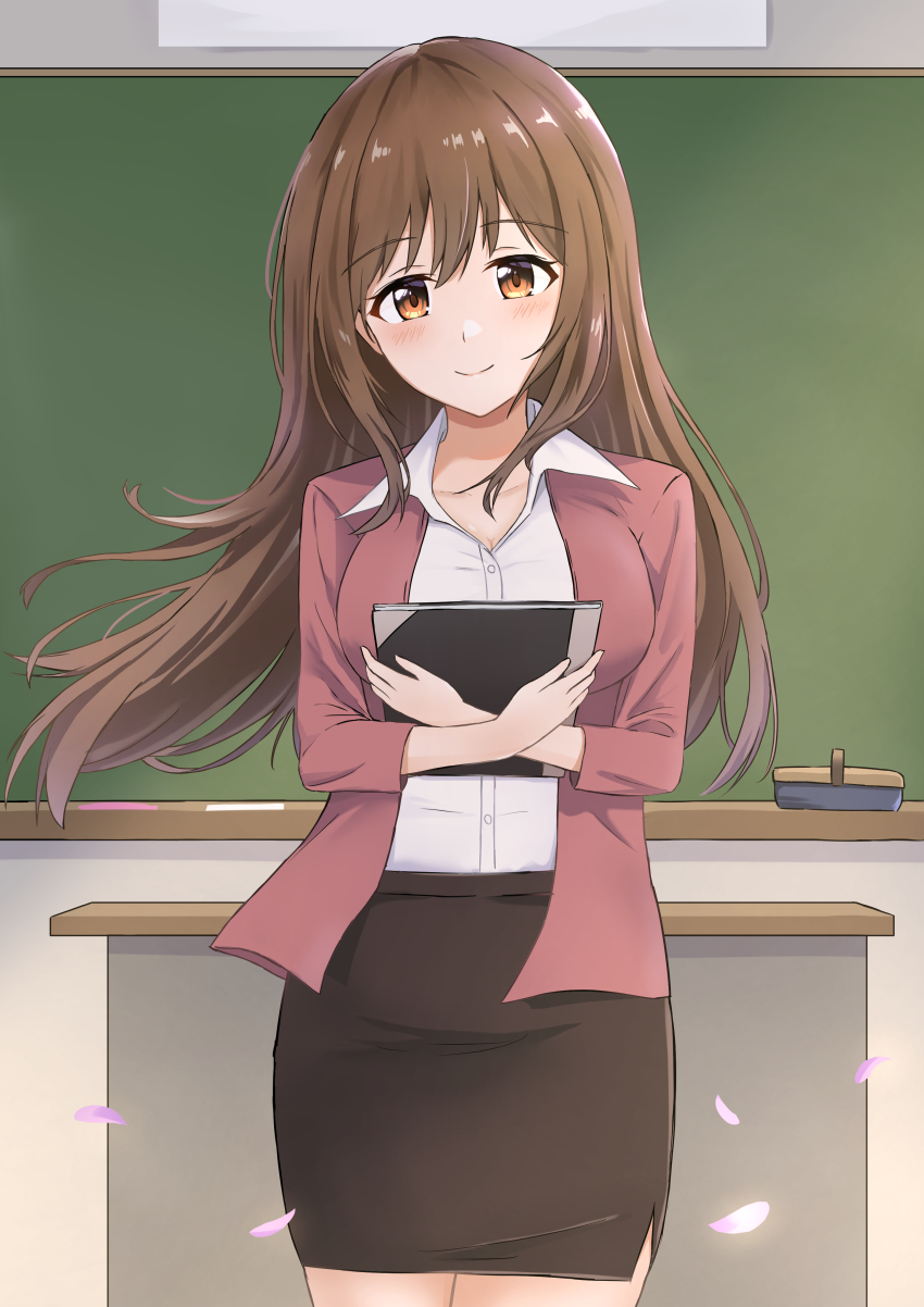 1girl, absurdres, blush, book, breasts, brown_hair, classroom, closed_mouth