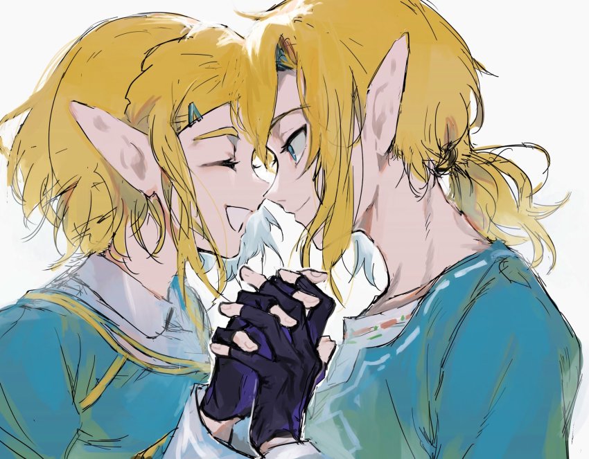 1boy, 1girl, blonde_hair, blue_eyes, blue_shirt, closed_eyes, commentary_request, face-to-face, fingerless_gloves, forehead-to-forehead, from_side, gloves, grey_background, hair_ornament, hairclip, heads_together, hetero, highres, holding_hands, interlocked_fingers, link, long_sleeves, medium_hair, messy_hair, nintendo, open_mouth, pointy_ears, ponytail, princess_zelda, shirt, short_hair, smile, suechimu, the_legend_of_zelda, the_legend_of_zelda:_breath_of_the_wild, the_legend_of_zelda:_tears_of_the_kingdom, upper_body