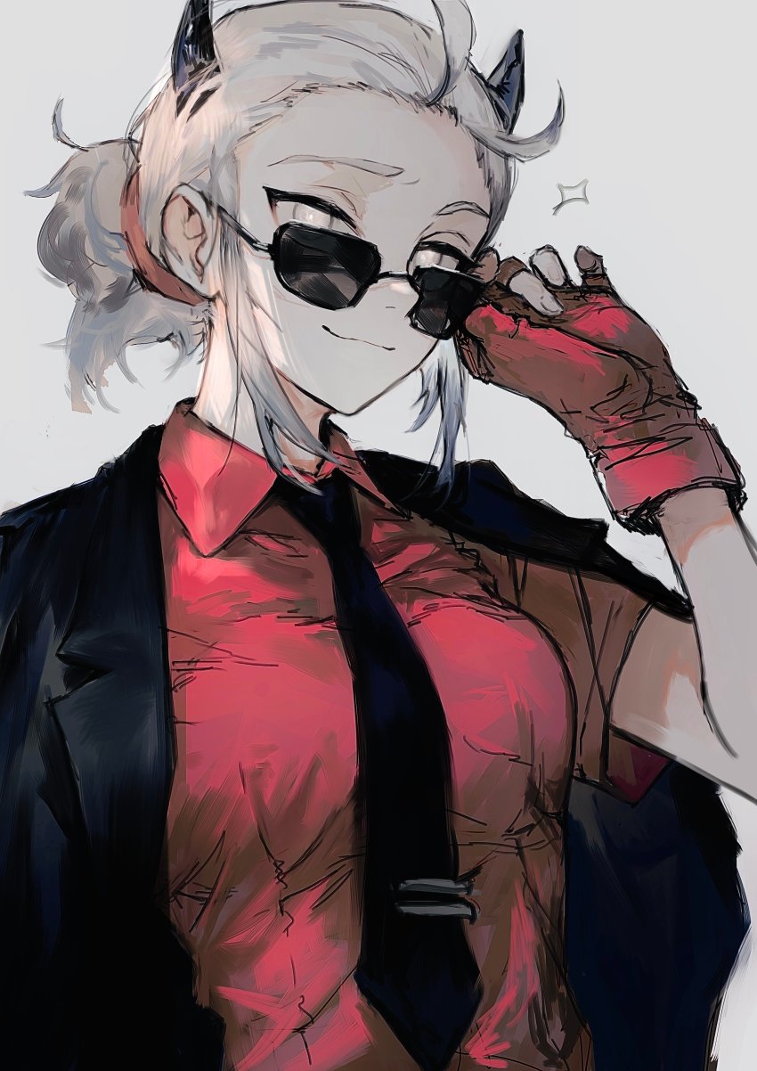 1girl, absurdres, adjusting_clothes, adjusting_eyewear, black_horns, black_jacket, black_necktie, blind, breasts, demon_horns, fingerless_gloves, gloves, helltaker, highres, horns, jacket, justice_(helltaker), looking_at_viewer, medium_breasts, necktie, raised_eyebrow, red_gloves, red_shirt, shirt, silver_hair, smile, solo, suechimu, suit_jacket, upper_body, white_background