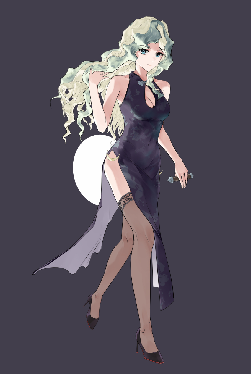 1girl, absurdres, alternate_costume, aqua_eyes, bare_shoulders, black_dress, black_legwear, blonde_hair, breasts, cleavage, cleavage_cutout, closed_mouth, clothing_cutout, covered_navel, diana_cavendish, dress, full_body, gradient_hair, green_hair, grey_background, halter_dress, halterneck, hand_in_own_hair, high_heels, highres, jiangyu_zhangyu, light_smile, little_witch_academia, long_hair, looking_at_viewer, medium_breasts, multicolored_hair, side_slit, simple_background, sleeveless, solo, streaked_hair, thighs, tube, two-tone_hair, walking, wavy_hair