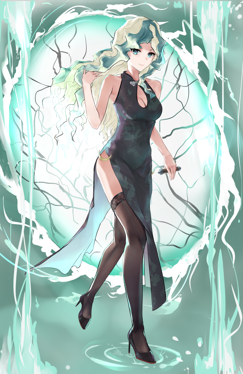 1girl, absurdres, alternate_costume, aqua_eyes, bare_shoulders, black_dress, black_legwear, blonde_hair