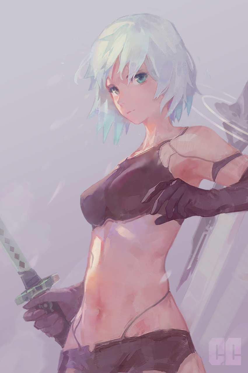 1girl, a2_(nier:automata), absurdres, android, aqua_eyes, armlet, black_gloves, black_shorts
