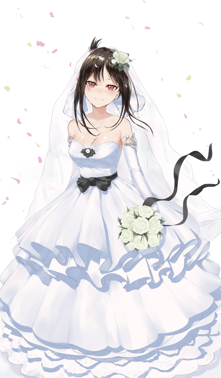1girl, absurdres, alternate_breast_size, bare_shoulders, black_bow, black_hair, black_ribbon, bouquet