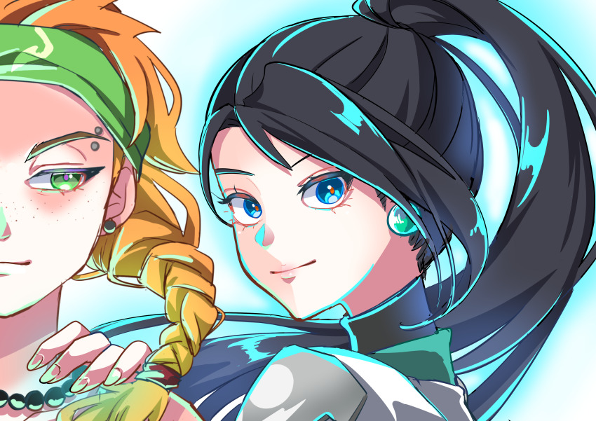 2girls, absurdres, animification, bead_necklace, beads, black_hair, blue_eyes, blush