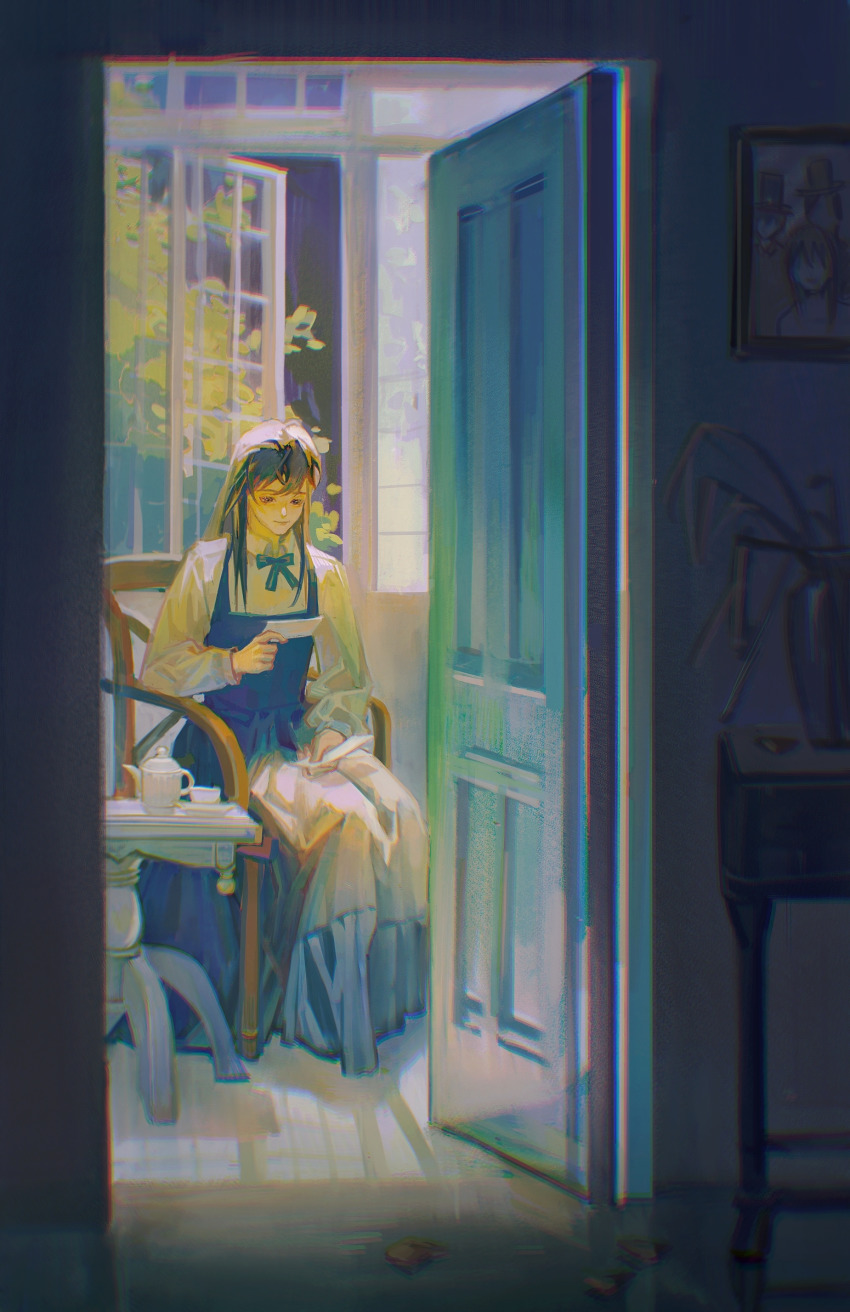 1girl, benson_moretti, black_dress, black_hair, brown_eyes, bush, chair, chinese_commentary