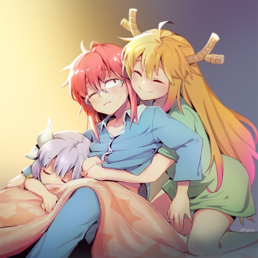 3girls, ahoge, bed_sheet, blonde_hair, blunt_bangs, blush, child, closed_eyes, dragon_girl, dragon_horns, family, glasses, gradient_hair, happy, highres, horns, hug, hug_from_behind, kanna_kamui, kobayashi-san_chi_no_maidragon, kobayashi_(maidragon), light_purple_hair, long_hair, multicolored_hair, multiple_girls, nightea, missing_tail, one_eye_closed, pajamas, pink_hair, simple_background, sleeping, smile, sweatdrop, tohru_(maidragon), twitter_username, under_covers, yuri