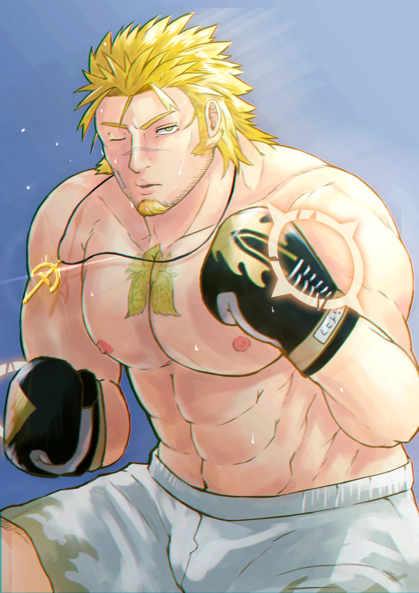 1boy, abs, absurdres, bara, bare_pectorals, blind, blonde_hair, boxing_gloves, bulge, cowboy_shot, facial_hair, fighting_stance, goatee, highres, jacob_(housamo), jewelry, large_pectorals, long_sideburns, looking_at_viewer, male_focus, mature_male, muscular, muscular_male, navel, necklace, nipples, one_eye_closed, pectorals, priest, scar, scar_on_face, scar_on_nose, topless_male, short_hair, shorts, sideburns, solo, stomach, tatatan_(ts_kon2), tokyo_houkago_summoners, white_shorts, wrestling_outfit