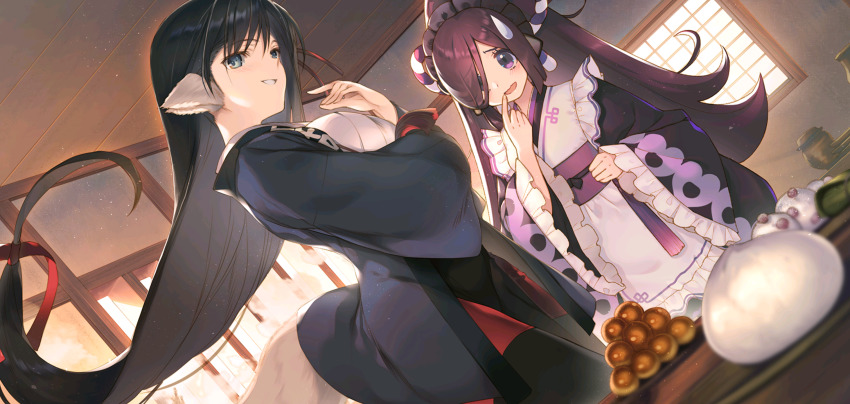 2girls, absurdly_long_hair, amazuyu_tatsuki, animal_ears, apron, aquaplus, arm_under_breasts, black_hair, blue_eyes, blush, breasts, finger_to_mouth, food, from_below, from_side, fur, game_cg, grin, hair_between_eyes, hair_ornament, hair_over_one_eye, hair_ribbon, highres, huge_filesize, indoors, japanese_clothes, kimono, kuroma_(utawarerumono:_lost_flag), large_breasts, long_hair, long_sleeves, looking_at_another, looking_at_viewer, maid, maid_apron, multiple_girls, nakamura_takeshi, official_art, open_mouth, ponytail, purple_eyes, purple_hair, ribbon, sidelocks, small_breasts, smile, sunlight, sweatdrop, swept_bangs, tail, teeth, utawarerumono, utawarerumono:_lost_flag, very_long_hair, window, yunishia