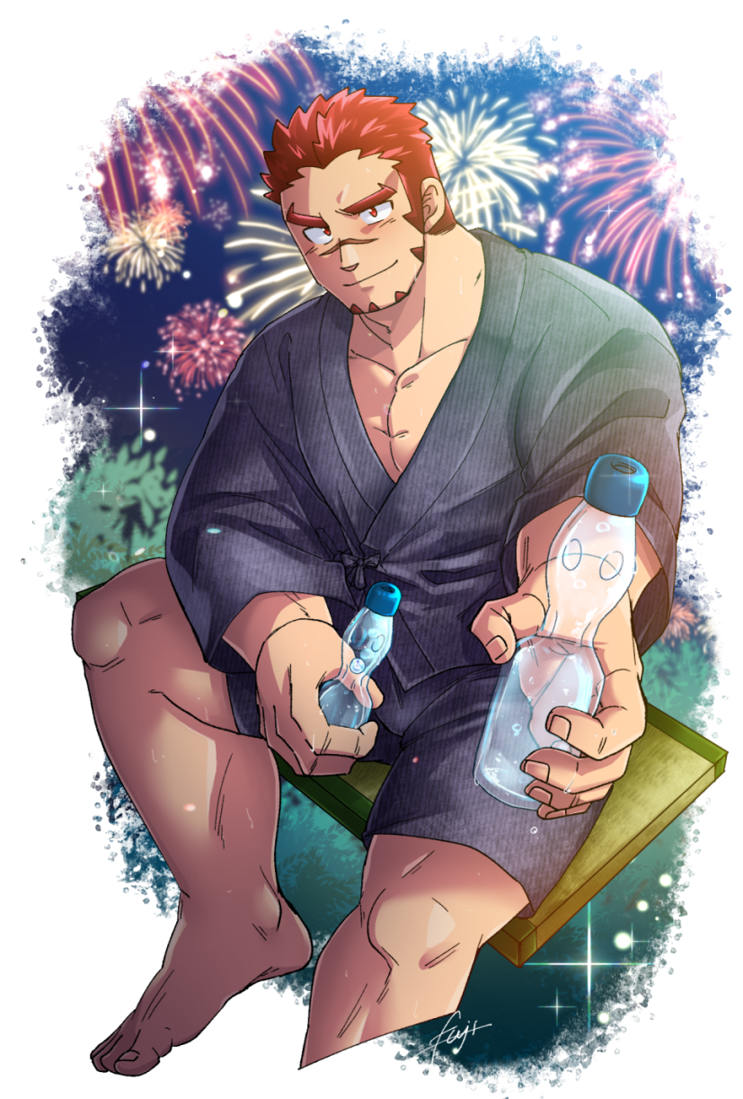 1boy, akashi_(live_a_hero), alternate_costume, bara, barefoot, blue_kimono, blue_shorts, blush