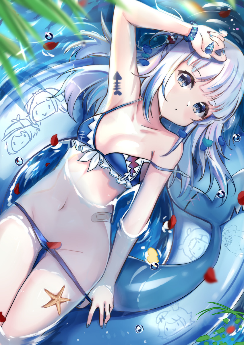 1girl, arm_up, armpits, bandaid, bare_shoulders, bikini, bikini_pull, bloop_(gawr_gura), blue_bikini, blue_eyes, blue_hair, blue_nails, blurry, blurry_foreground, blush, breasts, closed_mouth, clothes_pull, collarbone, commentary_request, day, depth_of_field, fins, fish_tail, gawr_gura, groin, highres, hololive, hololive_english, innertube, long_hair, lying, mori_calliope, multicolored_hair, nail_art, nail_polish, navel, ninomae_ina'nis, on_back, outdoors, petals, pulling_own_clothes, rinringyo, shark_tail, small_breasts, solo, streaked_hair, swim_ring, swimsuit, tail, takanashi_kiara, virtual_youtuber, water, water_surface, watson_amelia, white_hair