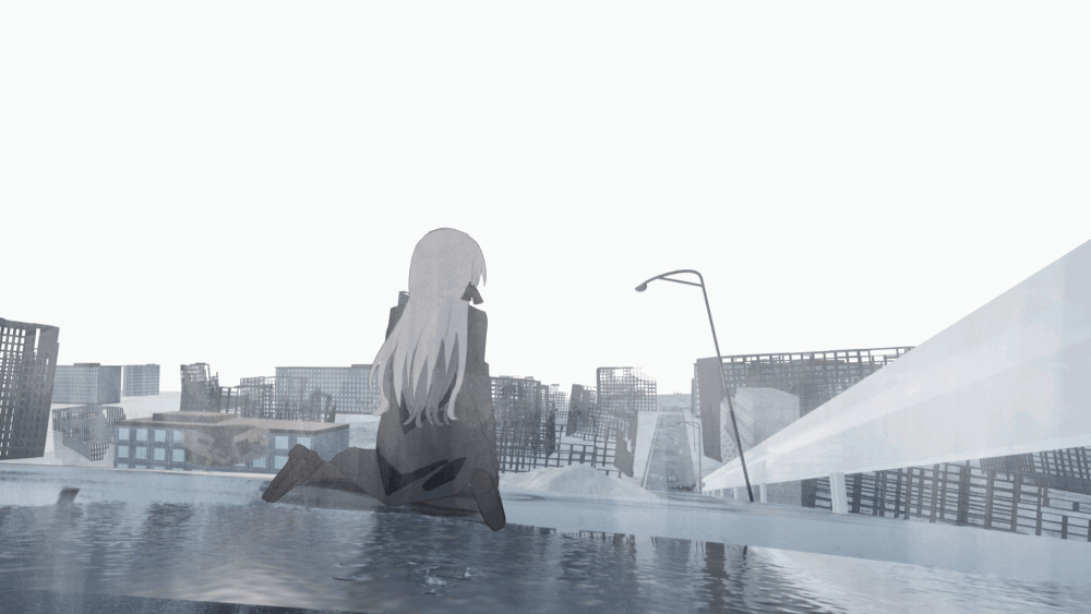 1girl, animated, animated_gif, black_bow, black_jacket, black_pantyhose, black_shoes, blue_eyes, bow, building, chihuri, collared_shirt, day, eve_(chihuri), floating_hair, grey_hair, grey_shirt, hair_between_eyes, hair_bow, heterochromia, jacket, lamppost, loafers, long_hair, open_clothes, open_jacket, original, outdoors, pantyhose, parted_lips, red_eyes, ruins, shirt, shoe_soles, shoes, sitting, solo, very_long_hair, wariza, wind