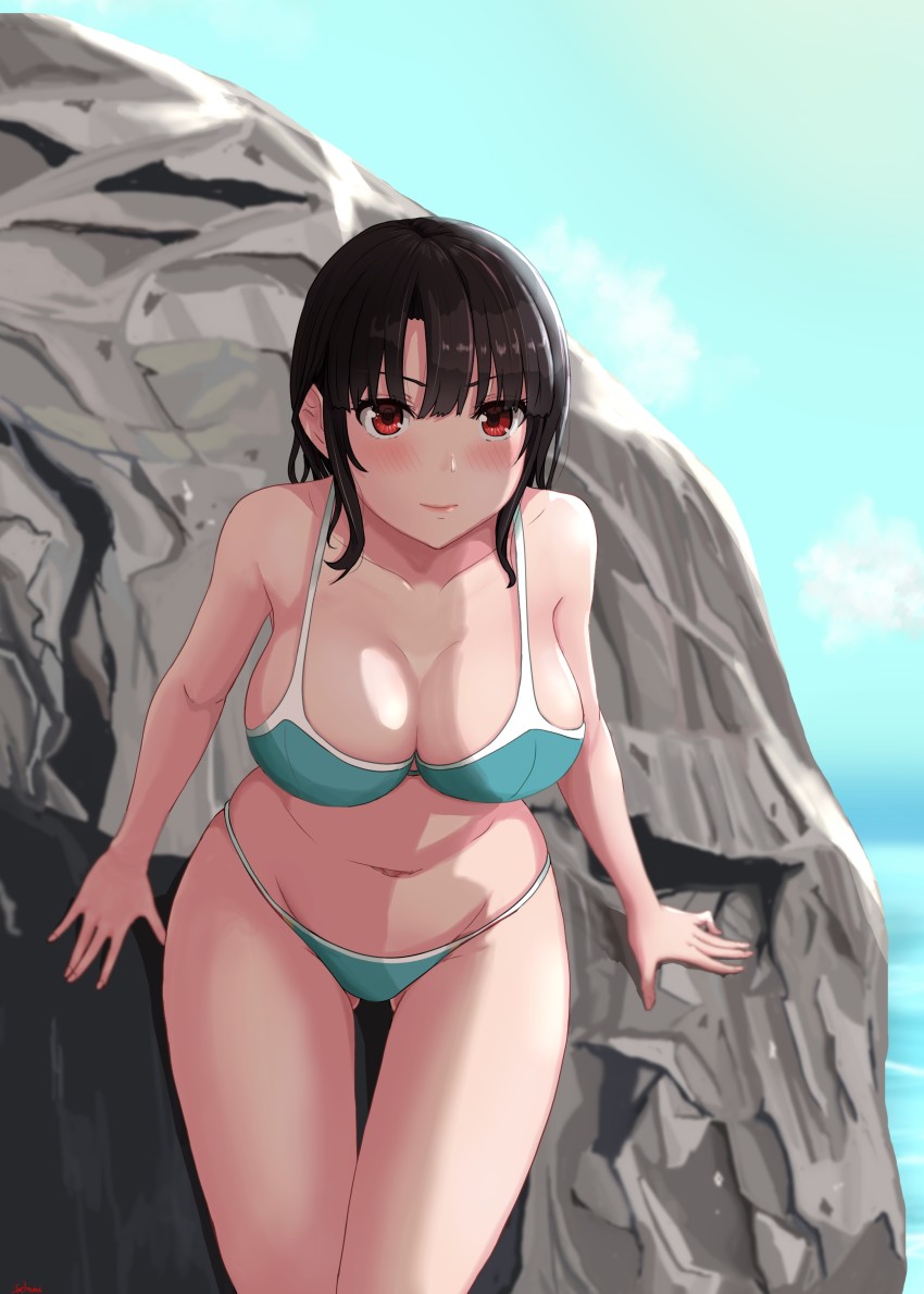 1girl, absurdres, bikini, black_hair, blue_sky, breasts, cleavage, cloud