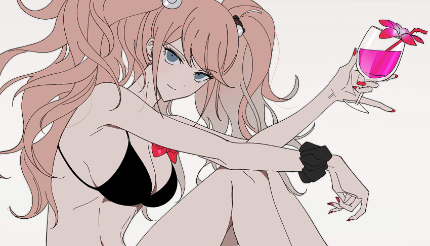 1girl, bare_arms, bare_shoulders, bear_hair_ornament, black_scrunchie, blonde_hair, blue_eyes, bow