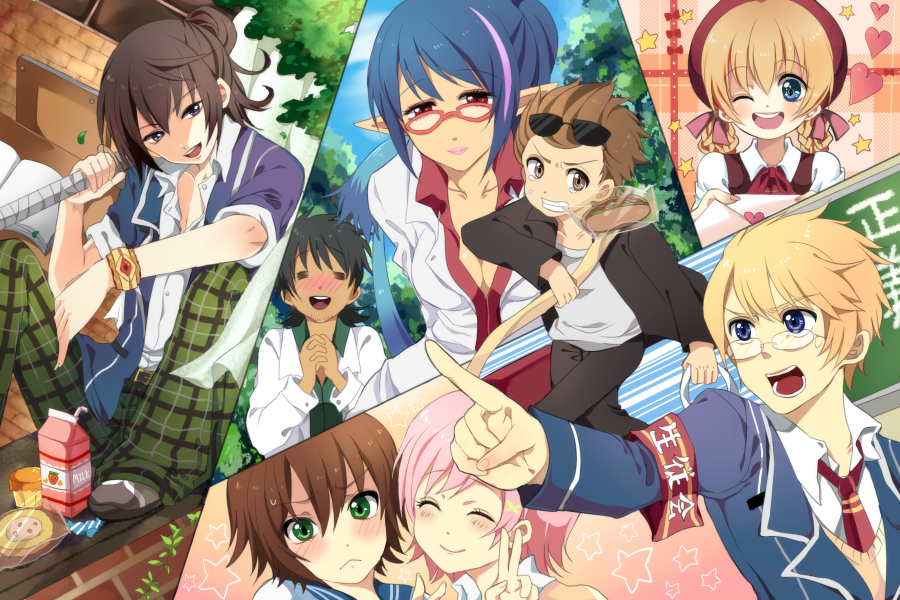 00s, 4boys, 4girls, alternate_costume, black_eyes, black_hair, blue_eyes, blue_hair, blush, bracelet, brown_hair, coat, estellise_sidos_heurassein, estellise_sidos_heurassein_(campus_royalty), flynn_scifo, flynn_scifo_(student_body_president), glasses, green_eyes, haguo_yuu, hat, jewelry, judith_(school_nurse)_(tales), judith_(tales), karol_capel, karol_capel_(campus_lackey_future_leader), long_hair, multiple_boys, multiple_girls, necktie, official_alternate_costume, one_eye_closed, patty_fleur, pink_hair, pointy_ears, purple_eyes, raven_(tales), rita_mordio, school_uniform, short_hair, sunglasses, sword, tales_of_(series), tales_of_vesperia, tears, weapon, wink, yuri_lowell