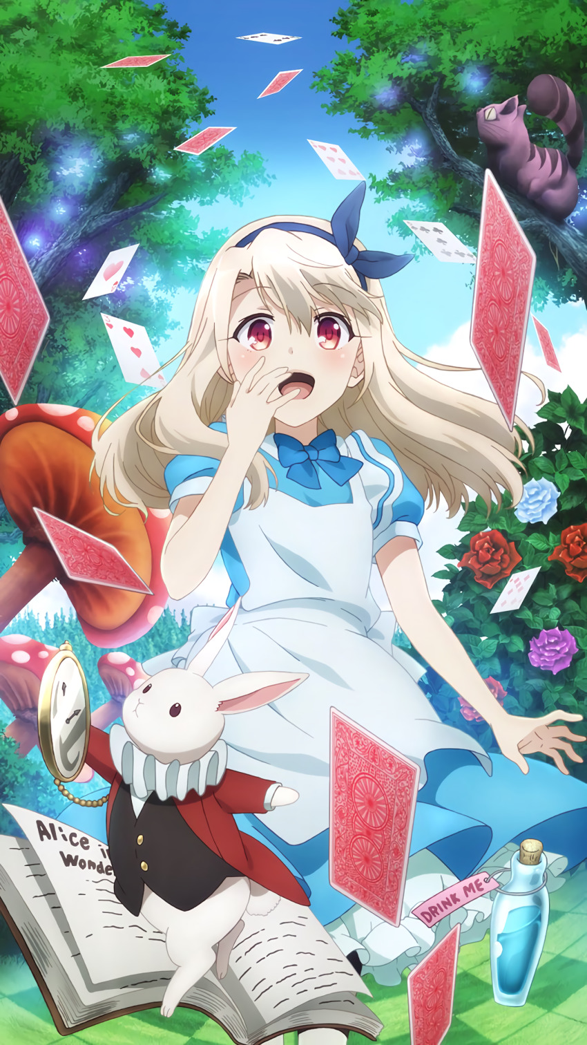 1girl, :d, absurdres, alice_(alice_in_wonderland), alice_(alice_in_wonderland)_(cosplay), alice's_adventures_in_wonderland, apron, blonde_hair, bloomers, book, card, cheshire_cat_(alice_in_wonderland), cosplay, dress, drink_me, fate/kaleid_liner_prisma_illya, fate_(series), flower, game_cg, hair_ribbon, highres, illyasviel_von_einzbern, long_hair, looking_at_viewer, mushroom, official_art, open_mouth, pantyhose, playing_card, potion, rabbit, red_eyes, ribbon, rose, smile, tree, underwear, watch, white_pantyhose, white_rabbit_(alice_in_wonderland)