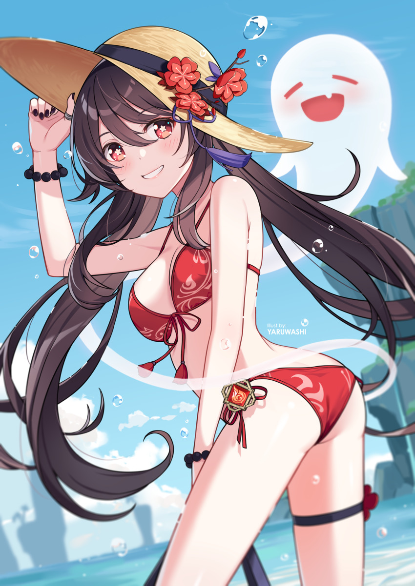 1girl, artist_name, ass, bare_shoulders, beach, bead_bracelet, beads, bikini