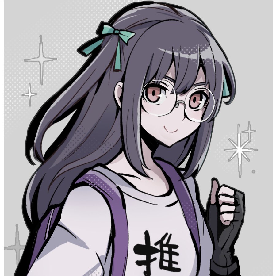 1girl, 3ch_, backpack, bag, clothes_writing, eyebrows, female_focus, fingerless_gloves