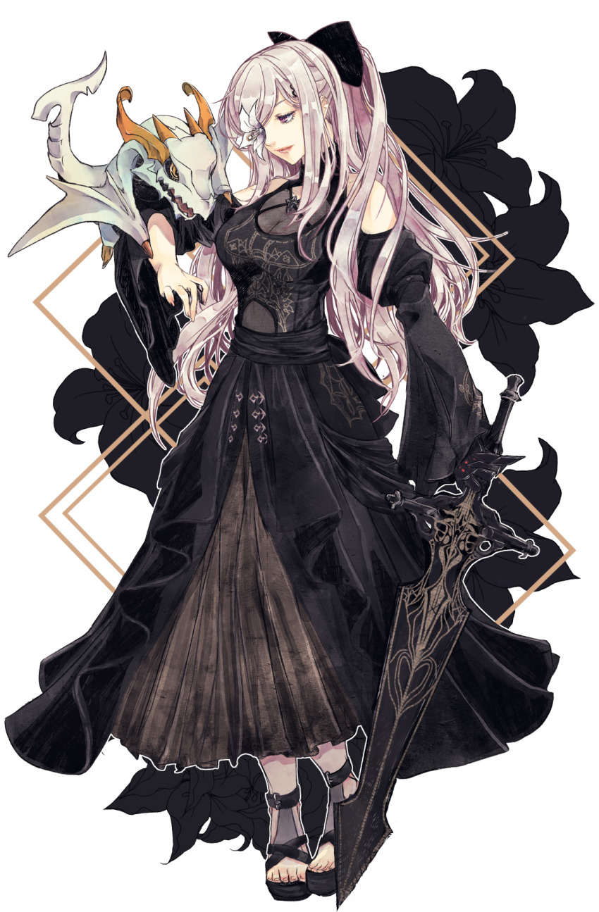 1girl, bare_shoulders, black_bow, black_dress, bow, commentary_request, drag-on_dragoon, drag-on_dragoon_3, dragon, dress, flower, flower_over_eye, hair_ornament, hairpin, highres, holding, holding_sword, holding_weapon, long_hair, lunar_tear, mikhail_(drag-on_dragoon), nier_(series), nier_reincarnation, official_alternate_costume, parted_lips, red_eyes, rolling_anco, simple_background, sword, very_long_hair, weapon, white_background, wide_sleeves, zero_(drag-on_dragoon)