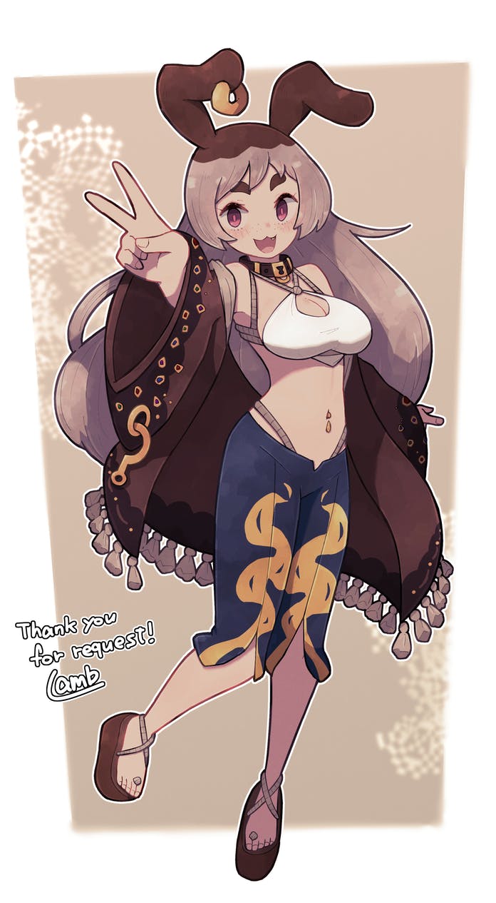 1girl, :3, amai_umimaru, bare_shoulders, breasts, cleavage, collar, commentary_request, commission, ear_piercing, english_text, fang, halterneck, highleg, highres, indie_virtual_youtuber, lamb-oic029, large_breasts, light_brown_hair, lock, navel_piercing, off_shoulder, open_mouth, outline, padlock, padlocked_collar, piercing, pink_eyes, platform_footwear, sidelocks, skeb_commission, solo, thank_you, v, virtual_youtuber, white_outline, wide_sleeves