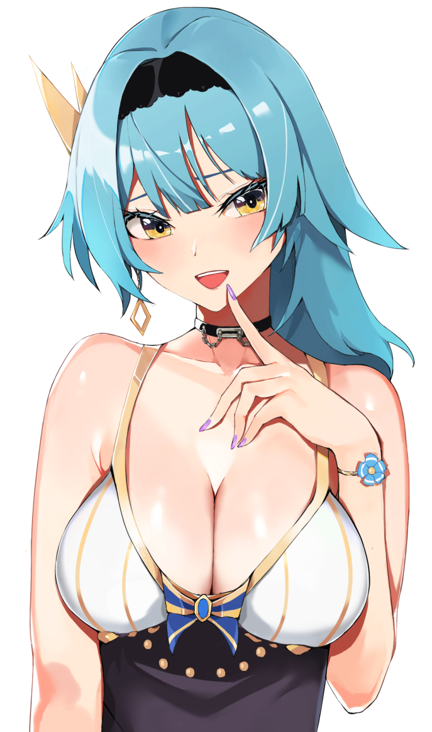 1girl, :d, bad_id, bad_pixiv_id, bare_shoulders, black_hairband, blue_hair, breasts