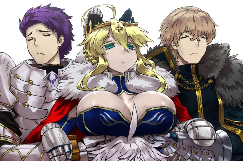 1girl, 3boys, ahoge, artoria_pendragon_(fate), artoria_pendragon_(lancer)_(fate), artoria_pendragon_(lancer)_(third_ascension)_(fate), blonde_hair, blue_leotard, braid, breasts, cape, cleavage, closed_eyes, closed_mouth, crown, doodle, fate/grand_order, fate_(series), french_braid, fur-trimmed_cape, fur_trim, gawain_(fate), gawain_(third_ascension)_(fate), green_eyes, hair_between_eyes, haraya_manawari, knights_of_the_round_table_(fate), lancelot_(fate/grand_order), large_breasts, leotard, meme, merlin_(fate), multiple_boys, parody, purple_hair, servants_holding_aphrodite's_breasts_(meme), shuumatsu_no_valkyrie, sidelocks, swept_bangs, white_hair
