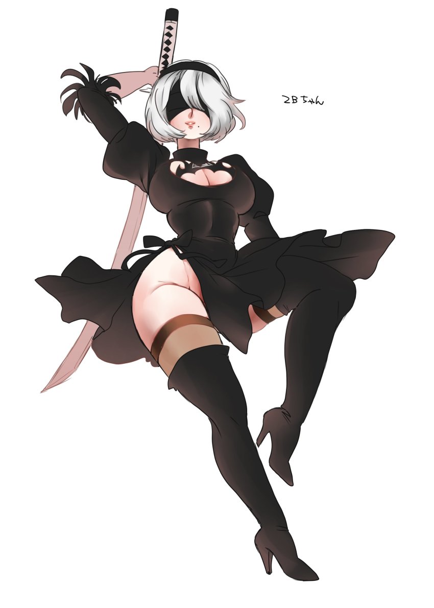 1girl, 2b_(nier:automata), absurdres, arm_up, black_boots, black_dress, blindfold, boots, breasts, cleavage, covered_eyes, dress, feather-trimmed_sleeves, high_heels, highres, holding, holding_sword, holding_weapon, juliet_sleeves, katana, large_breasts, long_sleeves, mole, mole_under_mouth, nier:automata, nier_(series), panoramango, parted_lips, puffy_sleeves, short_hair, simple_background, smile, solo, sword, thigh_boots, thighhighs, weapon, white_background, white_hair