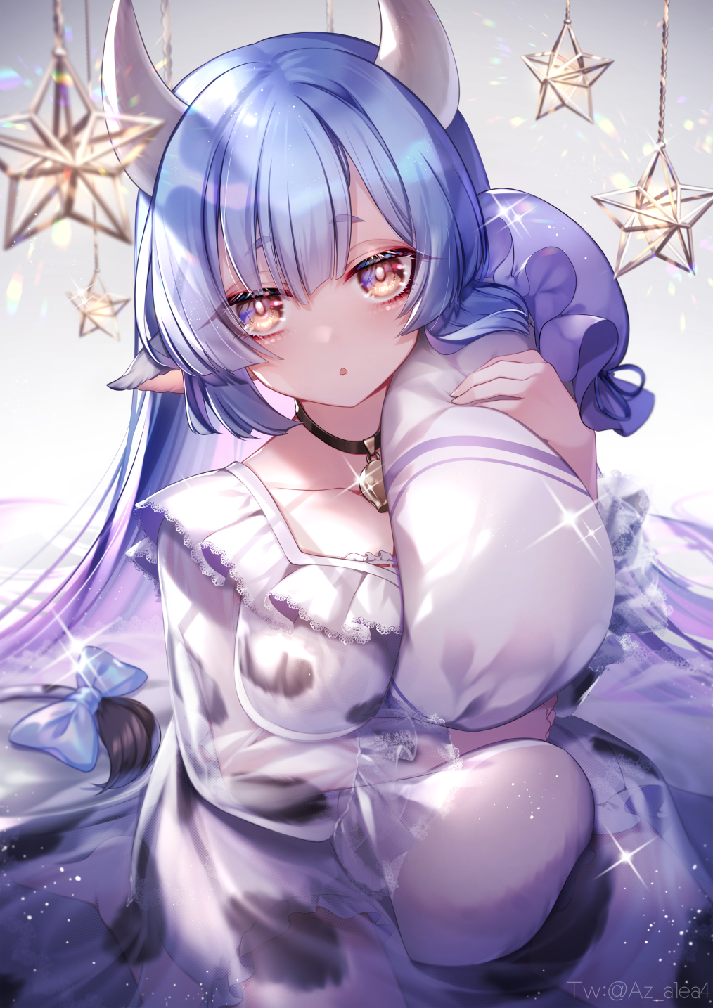1girl, animal_ears, animal_print, blue_hair, blush, bow, bright_pupils, catura_(granblue_fantasy)